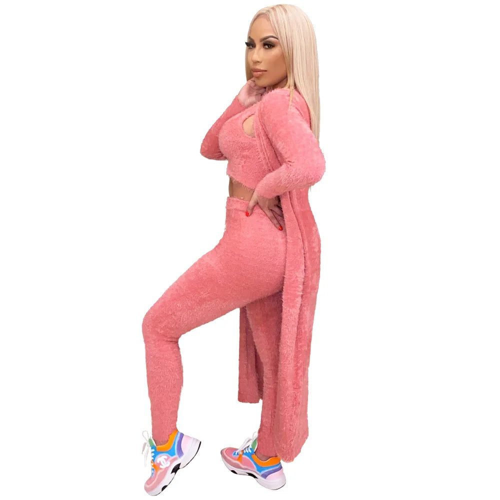 Casual 3 Piece Set Streetwear Womens Outfits Wholesale Items Long Cardigan and Vest Leggings Stretchy Matching Suit