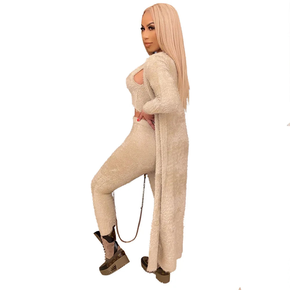 Casual 3 Piece Set Streetwear Womens Outfits Wholesale Items Long Cardigan and Vest Leggings Stretchy Matching Suit