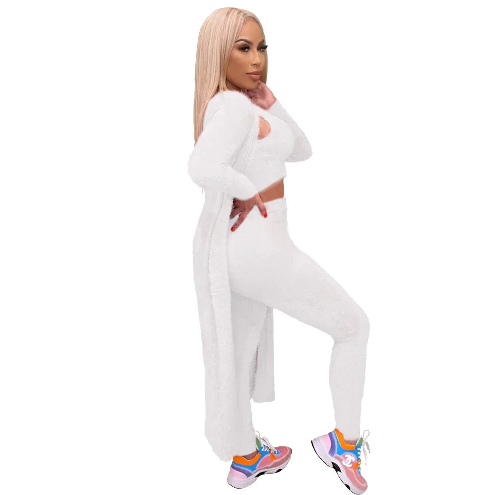 Casual 3 Piece Set Streetwear Womens Outfits Wholesale Items Long Cardigan and Vest Leggings Stretchy Matching Suit