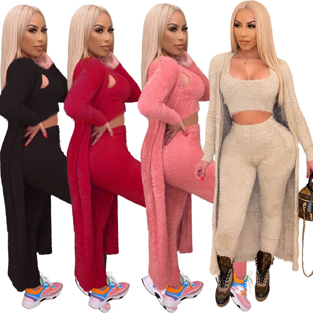 Casual 3 Piece Set Streetwear Womens Outfits Wholesale Items Long Cardigan and Vest Leggings Stretchy Matching Suit