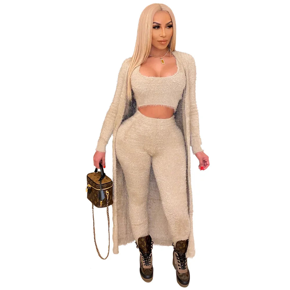Casual 3 Piece Set Streetwear Womens Outfits Wholesale Items Long Cardigan and Vest Leggings Stretchy Matching Suit