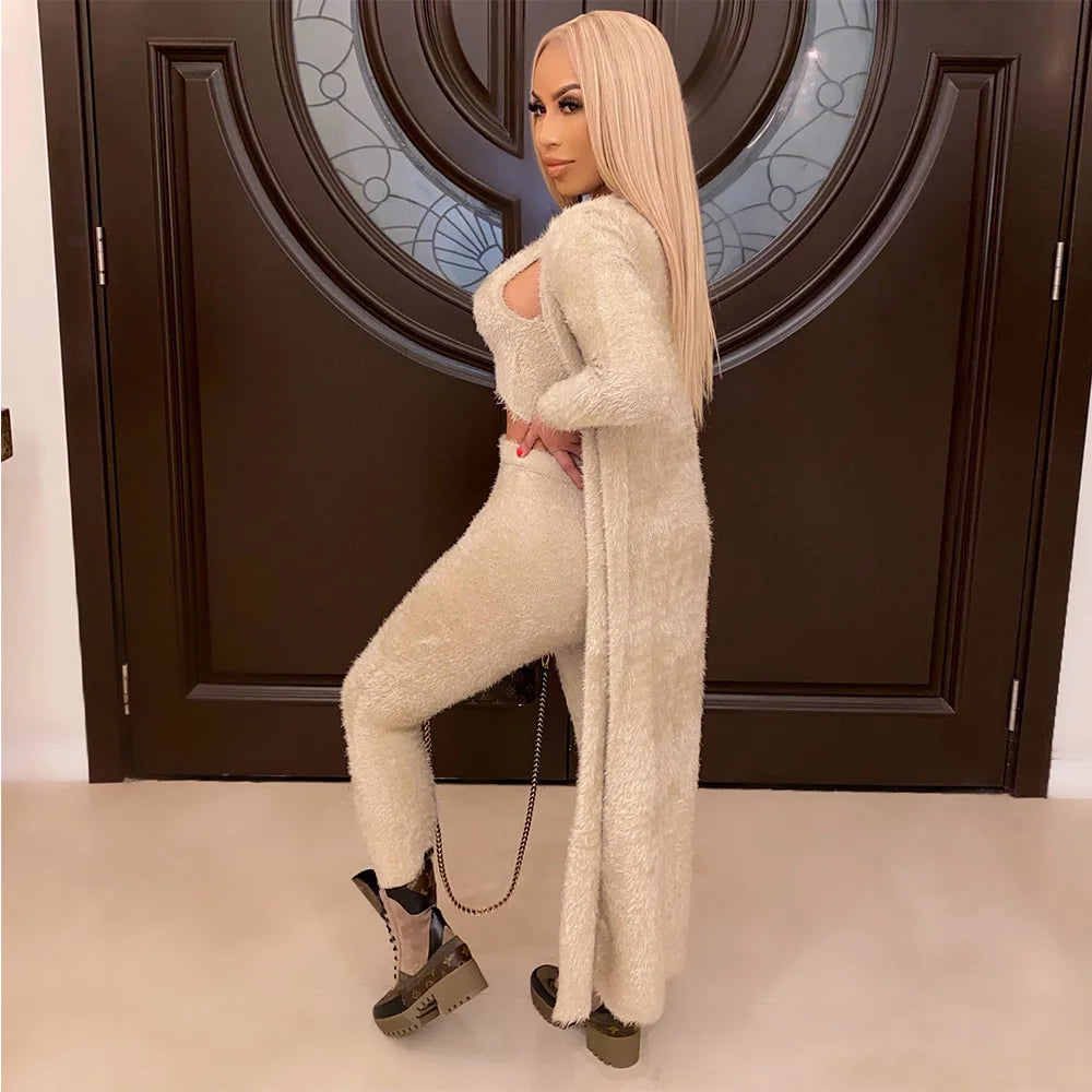 Casual 3 Piece Set Streetwear Womens Outfits Wholesale Items Long Cardigan and Vest Leggings Stretchy Matching Suit
