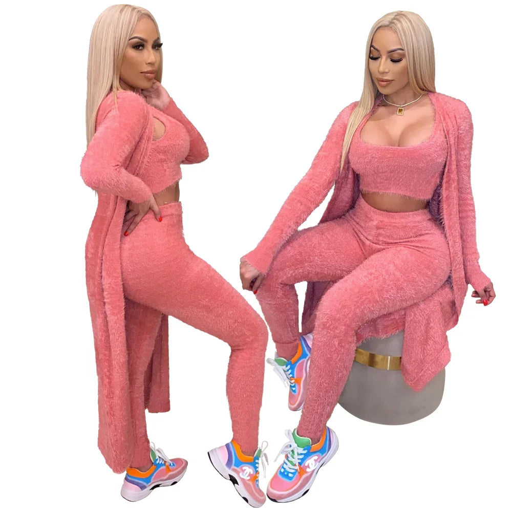 Casual 3 Piece Set Streetwear Womens Outfits Wholesale Items Long Cardigan and Vest Leggings Stretchy Matching Suit