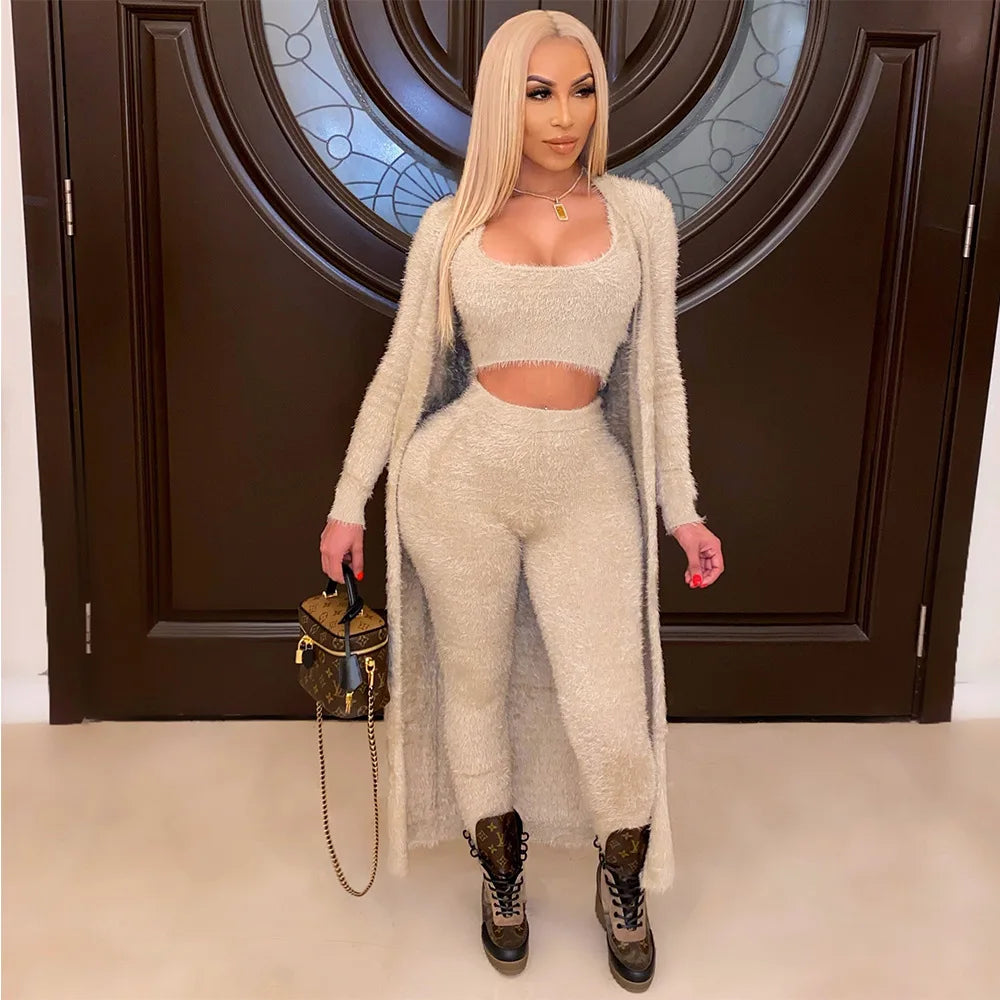 Casual 3 Piece Set Streetwear Womens Outfits Wholesale Items Long Cardigan and Vest Leggings Stretchy Matching Suit