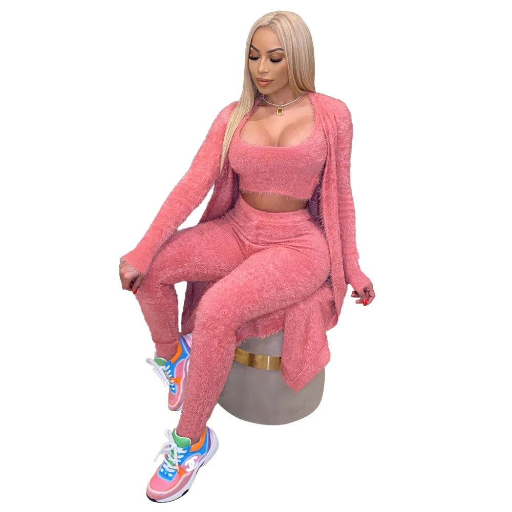 Casual 3 Piece Set Streetwear Womens Outfits Wholesale Items Long Cardigan and Vest Leggings Stretchy Matching Suit