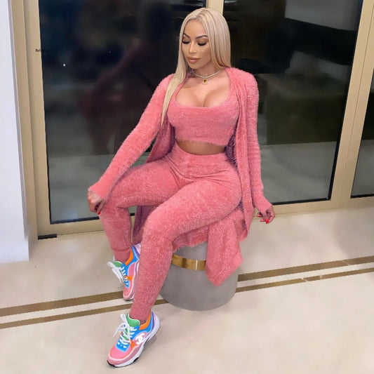 Casual 3 Piece Set Streetwear Womens Outfits Wholesale Items Long Cardigan and Vest Leggings Stretchy Matching Suit