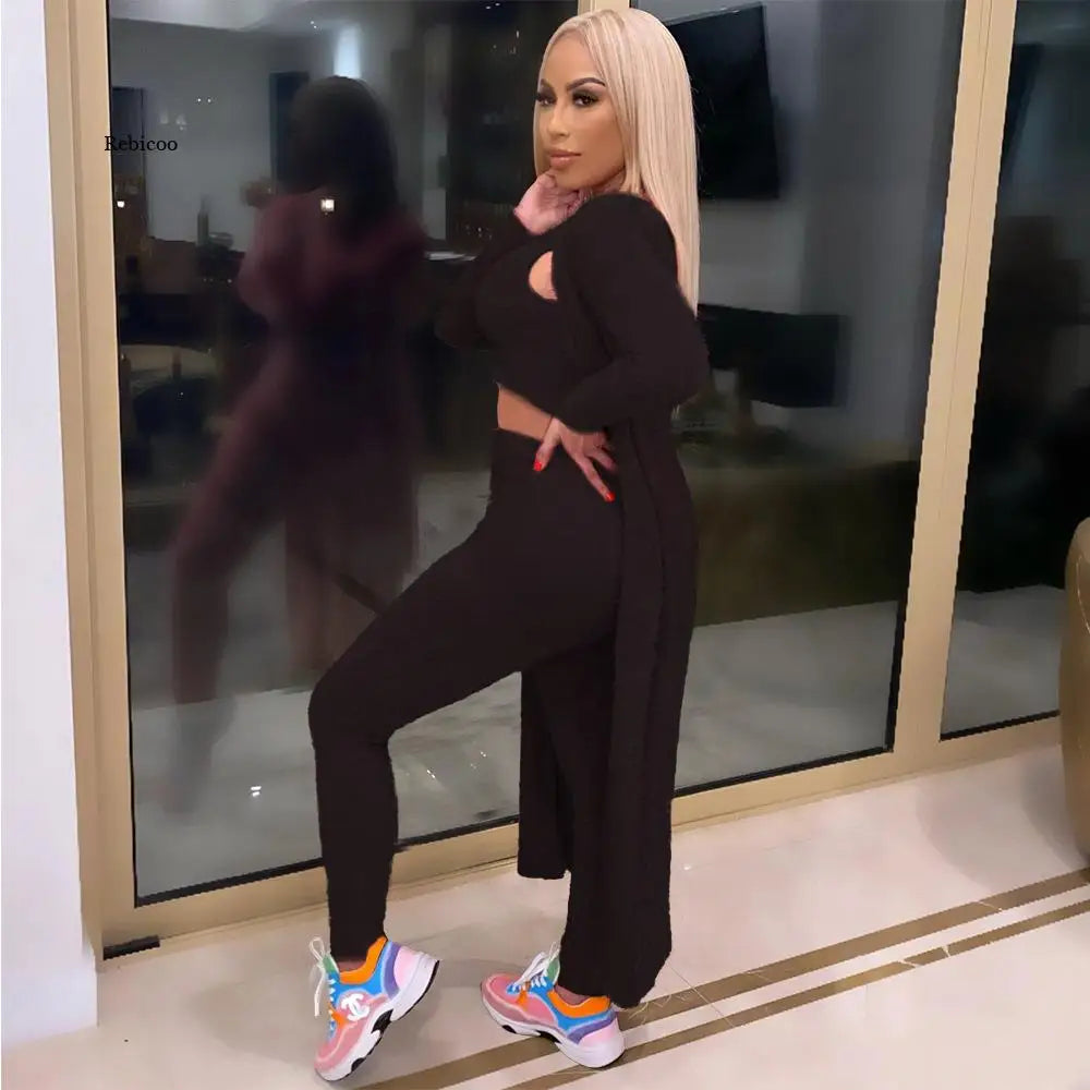 Casual 3 Piece Set Streetwear Womens Outfits Wholesale Items Long Cardigan and Vest Leggings Stretchy Matching Suit