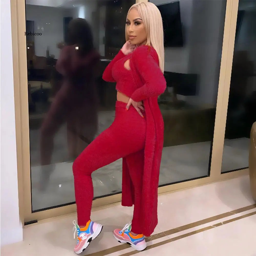 Casual 3 Piece Set Streetwear Womens Outfits Wholesale Items Long Cardigan and Vest Leggings Stretchy Matching Suit